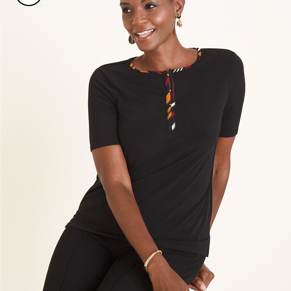 Chico’s  size 2 (lg) stretch top with beautiful gold hook and eye neck fastener.